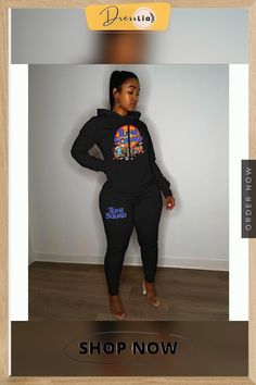 Cartoon Print Long Sleeve Hoodies Sweatpants Suit Flat Pant, Women's Outfits By Occasions, Sleep And Loungewear, Pencil Pants, Pocket Pants, Fashion Flats, Cartoon Print, 1 Million, Cartoon Styles