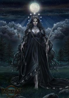 a woman in black dress holding a wand and standing under a full moon filled sky