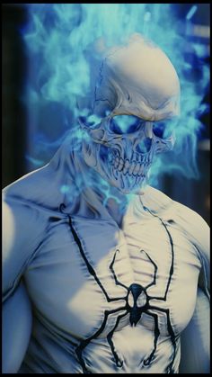 an animated image of a skeleton with blue eyes and spider - man makeup on it's face