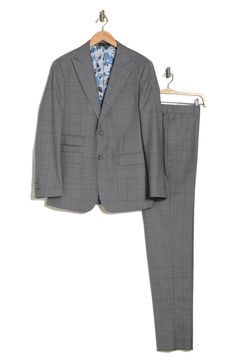 Sophisticated peaked lapels smarten the jacket of this trim-fit suit crafted from a fine wool blend and finished in a handsome windowpane plaid print. 36 1/4" inseam; 7 3/4" leg opening; 10 1/2" rise (size 38R) Jacket has peaked lapels; chest welt pocket; front flap pockets Unhemmed Lined 90% wool, 10% polyester Dry clean Imported Fitted Sets With Welt Pockets For Business Casual, Fitted Business Casual Sets With Lapel Collar, Fitted Suiting Fabric Suits For Spring, Fitted Suits In Suiting Fabric For Spring, Fitted Spring Suits In Suiting Fabric, Fitted Spring Suits, Fitted Three-piece Suit With Single Button For Office, Fitted Single Breasted Pantsuit With Suit Collar, Fitted Single-breasted Pantsuit With Suit Collar