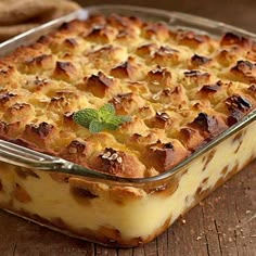 a casserole dish filled with bread and pudding