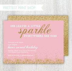 a pink and gold sparkle birthday party card with the words she leaves a little sparkle everywhere she goes