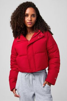 Essential Cropped Hooded Puffer Fabletics red female Activewear >> Womens >> Jackets & Outerwear >> Jackets regular Everyday Hidden Pockets/Reflective/Water-Resistant Cozy Jacket, Womens Jackets, Water Resistant Fabric, Active Wear For Women, Outerwear Jackets, Stay Warm, Puffer, Perfect Fit, Jackets For Women