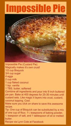 the recipe for impossible pie is shown in an orange and yellow poster with instructions to make it