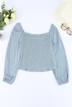 Sky Blue Puff Sleeve Smocked Top Smock Blouse, Smocked Top, Puff Long Sleeves, Club Dresses, Brunei, Affordable Fashion, Square Neck, Sky Blue, Smocking