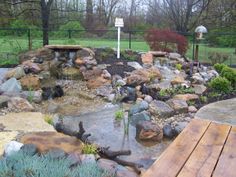 there is a small pond in the middle of this yard with rocks and plants around it