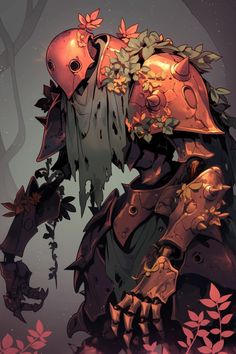 an illustration of a man in armor with flowers on his head and hands behind him