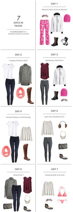 7 Days in Vancouver : The Perfect Pieces for a Versatile Honeymoon Wardrobe Honeymoon Wardrobe, Multiple Outfits, Skiing Outfit, Travel Wardrobe, Ski Trip, Night Outfits, Travel Outfit, Date Night Outfit, Daily Fashion