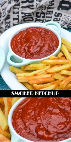 french fries and ketchup on a plate with the same sauce in two bowls