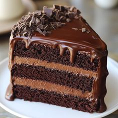 a slice of chocolate cake on a white plate