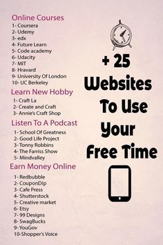 an advertisement with the words 25 web sites to use your free time on pink background