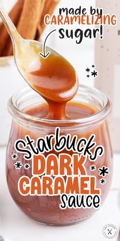 a spoon full of caramel sauce on top of a jar with the words make by carameling sugar