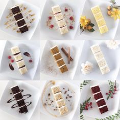 several different types of desserts are arranged on white plates with flowers in the background