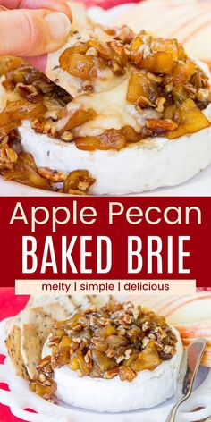 an apple pecan baked brie on a white plate