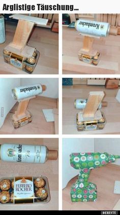 four pictures show the steps to make a homemade wooden toy car with batteries and glue