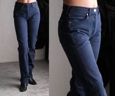 "*FREE DOMESTIC SHIPPING Awesome vintage 90s Levis made in Europe deep stone indigo washed high waist 501 jeans. These beautiful jeans are unworn with original tags still attached and dated 1993. Timeless, very soft fit and feel. We encourage you to please refer to measurements below and compare to your favorite fit at home.  <> Designer: Levis <> Made in Europe <> Size: Waist measures modern size 27. Please refer to measurements for actual sizing. (model wears size 2, stands 5'6\") <> Measurements: Laying flat measured left to right      waist: 13.5\" ( 27\" all around )      rise: 10.5\"      hips: 20\" (below fly)      inseam: 34\" <> 100% Cotton <> Labeled 28x34, please refer to measurements above for best fit. <> Great Vintage Condition. DEADSTOCK Please note that these jeans are vint Designer Tuxedo, Bohemian Jackets, 90s Levis, Perfect Dark, Evening Skirts, Cotton Labels, Grunge Streetwear, 501 Jeans, Brown Silk