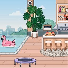 a pool with a pink flamingo floating in it next to a living room filled with furniture