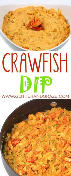 this is an image of crabfish dip in a skillet with text overlay