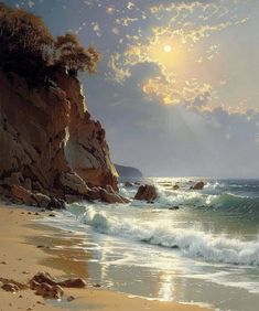 a painting of the ocean with waves coming in to shore and sun shining through clouds