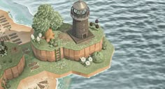 an island with a lighthouse on top of it in the middle of the ocean, surrounded by trees and other animals