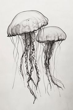 an ink drawing of two jellyfishs floating in the water, one is black and white