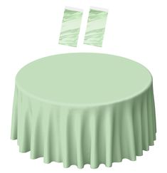 a round table with two square green napkins on it's top and an empty chair