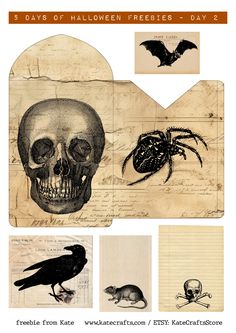 an old fashioned halloween card with skulls, bats and other things on it's side