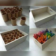 four pictures of different types of colored pencils in a box and on the floor