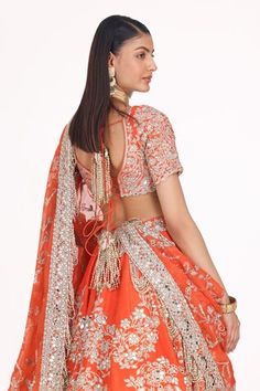 Amber attached cancan lehenga with mirror, gota, zari thread embroidery in floral pattern. Paired with chanderi embroidered padded blouse and dupatta. - Aza Fashions Festive Reception Sets With Tilla Details, Diwali Reception Sets With Motifs, Traditional Drape Set With Tilla For Reception, Diwali Reception Choli With Tilla Details, Bollywood Style Wedding Sets With Motifs, Wedding Sharara With Motifs For Navratri, Traditional Drape Choli With Motifs For Wedding, Traditional Drape Wedding Choli With Motifs, Festive Motif Pre-draped Saree For Reception