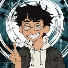 a cartoon boy with glasses making the peace sign