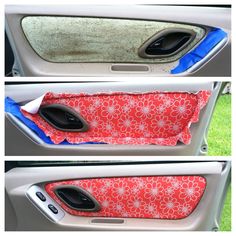 two pictures of the inside of a car door, with one opened and another closed