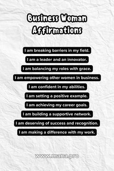 a poster with the words business woman affirmation written in black on white paper