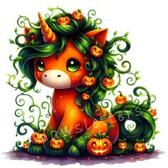 an orange unicorn with green hair and pumpkins