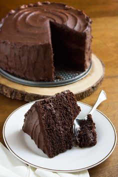 a piece of chocolate cake on a plate with a fork