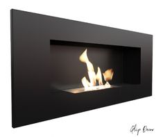 a black wall mounted fire place with three lit flames in the center and two on each side