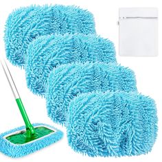 four blue mop heads and one green microfibre duster on a white background