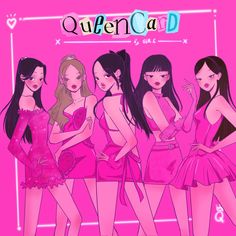 four girls in pink dresses are standing next to each other with the word queencard on it