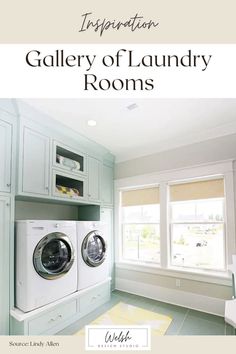 an advertisement for a laundry room with washer and dryer in the corner, next to a window