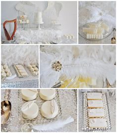 a collage of photos with white and silver items on it, including cookies, cakes, and other decorations