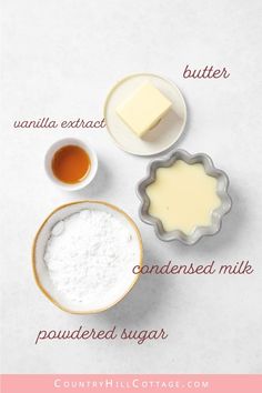 ingredients to make homemade buttercakes on a white background with text overlay that says, how to make buttercakes