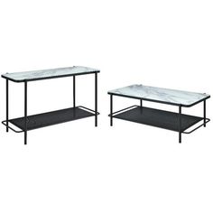 two tables with marble top and black metal frame, one on each side is holding a shelf