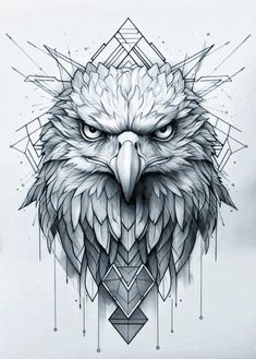 an eagle's head with geometric shapes and lines on it, in black and white