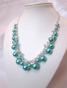 Pearl and Crystal Cluster Necklace Terrific Turquoise Color Chunky, Choker, Bib, Necklace, Wedding, Bridal, Bridesmaid - Etsy Turquoise Beaded Necklaces For Wedding, Elegant Turquoise Beaded Necklaces For Weddings, Turquoise Round Beads Necklace For Wedding, Elegant Turquoise Bridal Necklace For Wedding, Turquoise Beaded Necklace For Weddings, Turquoise Necklaces With Round Beads For Wedding, Turquoise Beaded Necklaces With Round Beads For Weddings, Turquoise Beaded Necklaces For Wedding With Round Beads, Chunky Choker