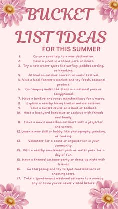 a pink flowered list with the words bucket list ideas for this summer on it