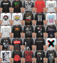 many different types of t - shirts are shown in this image, including black and white