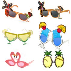 four pairs of sunglasses with different designs on them, one is made out of wood and the other has pineapples