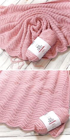 two photos of pink knitted blankets on white wood