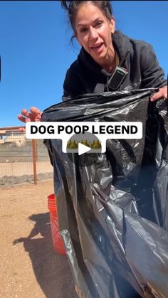 a woman standing next to a dog in a plastic bag with the words dog poop legend on it