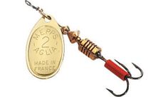 a fishing lure with a red hook on it's end and a gold tag hanging from the handle