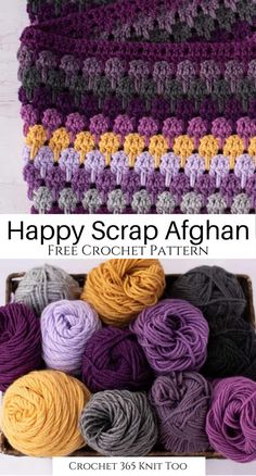 crochet pattern for happy scrap afghan with text overlay that says happy scrap afghan free crochet pattern